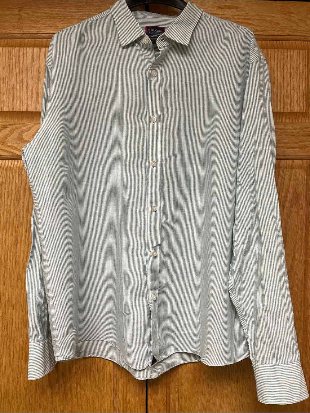 UNTUCKit Men's Linen Green  and White Pinstripe Button-Down Shirt